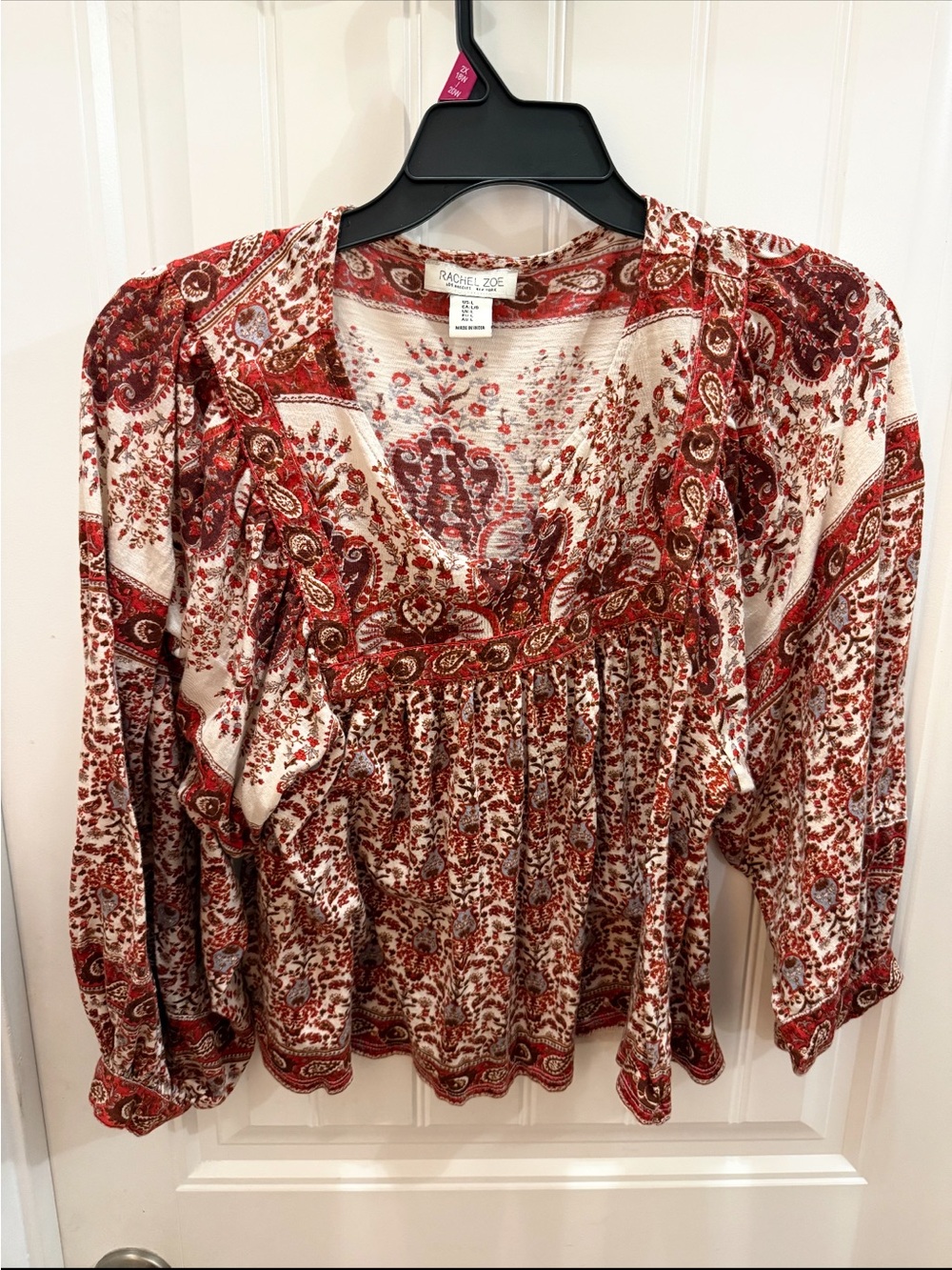Rachel Zoe Red Paisley V-Neck Peasant Boho Blouse size L